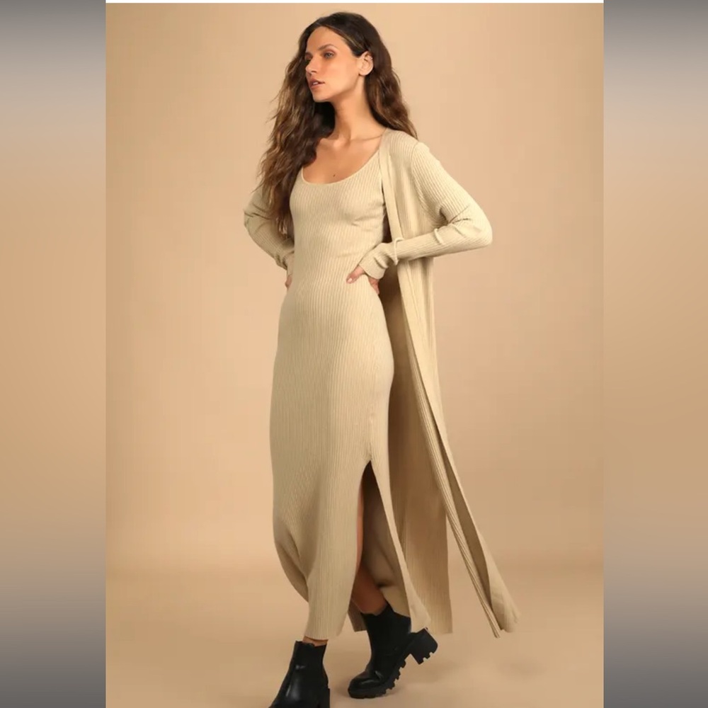 Lulus Layer Lover Beige Ribbed Knit Two-piece Sweater dress cardigan set. Med